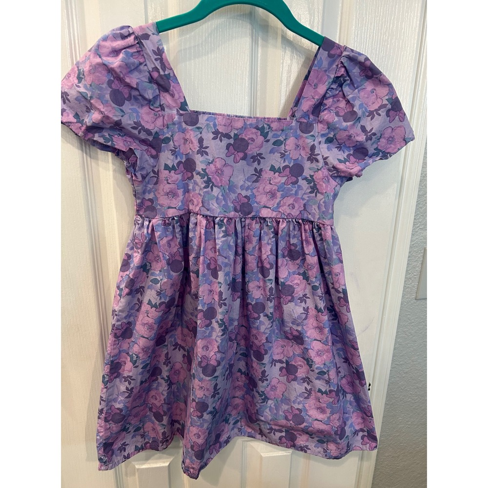 Disney Minnie Mouse Dress Purple Floral Smocked Puff Sleeve Girls Size L‎ 10/12
